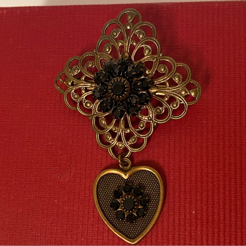 LIZ PALACIOS BROOCH PIN BRONZE FILIGREE DANGLING HEART BLACK CRYSTALS ART DECO